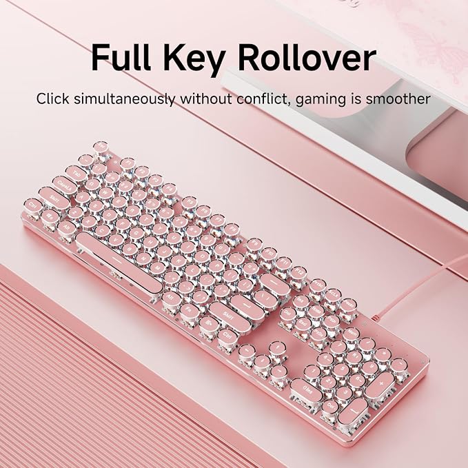 SEUNKWANG Typewriter Style Mechanical Gaming Keyboard with White Backlit, Wired Retro Punk Computer Keyboard Durable Metal Panel, Clicky Blue Switch, Round Keycaps, Full-Size for PC/Desktop/Win, Pink - Image 6