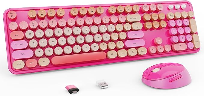 Nowlike Wireless Keyboard and Mouse Combo, Retro Typewriter Keyboard with Round Keycaps, Full-Size Ergonomic, Red, Ideal for Windows PC, Home, Office, and College, Wireless Keyboard Mouse Combo by Unknown