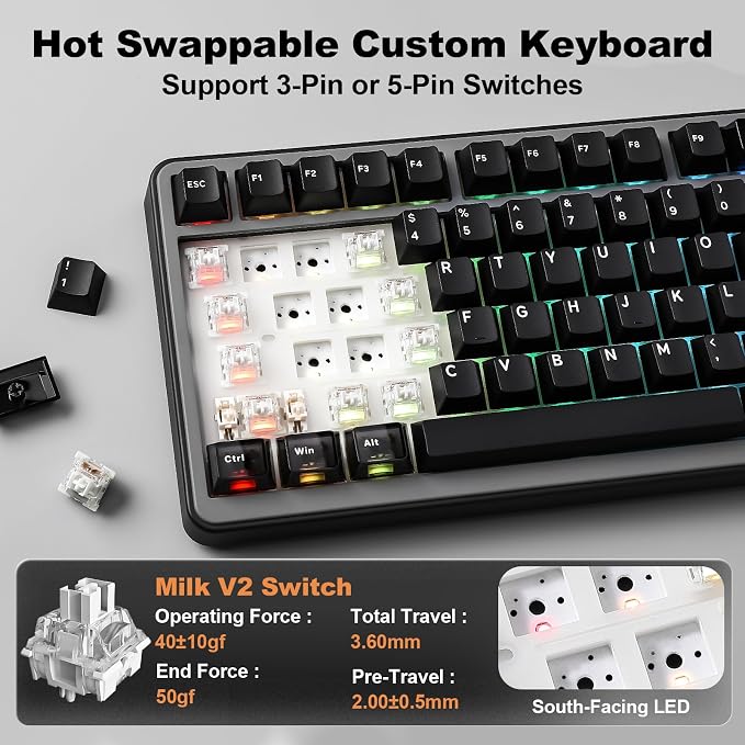 YUNZII B75 PRO MAX QMK/VIA Wireless Mechanical Keyboard | QMK/VIA, Wireless Keyboard with Screen and Knob, Custom Hot Swap, Gasket Mount, Creamy Switches, RGB for Gaming/Win/Mac - Image 5