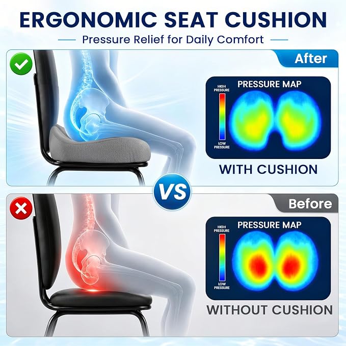 CJACSOC Seat Cushion, Extra Large Memory Foam Cushion for Office Chair Cushions, Ergonomic Cushions Pad Pillow for Pressure Relief Sciatica & Pain Relief for Long Sitting, Grey - Image 2