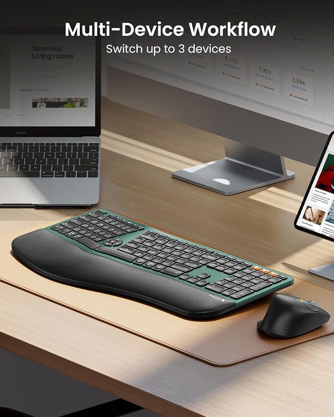 ProtoArc EKM01 Plus Wireless Ergonomic Keyboard Mouse Combo - Green | Full-size Split Keyboard with Cushioned Wrist Rest, Ergonomic Mouse, 3-Device Bluetooth/2.4G, USB-C Rechargeable - Image 6