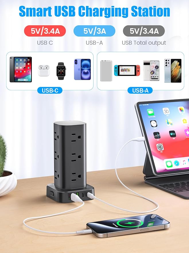 Flat Plug Power Strip Tower Surge Protector, 10FT Flat Extension Cord with Multiple Outlets, 12 AC Outlets, 4 USB Ports (2 USB C) Charging Station for Office Home Dorm Room Travel (Black) - Image 3