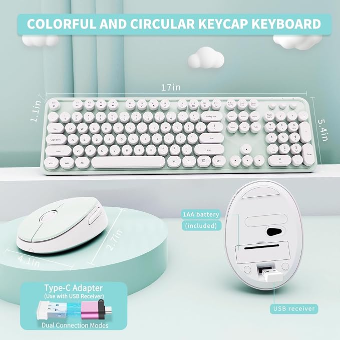 Wireless Keyboard and Mouse Combo, Ergonomic Full Size Typewriter Retro Round Keycaps Keyboard, Compatible with Windows, PC, Perfer for Home and Office Keyboards（Green） - Image 5