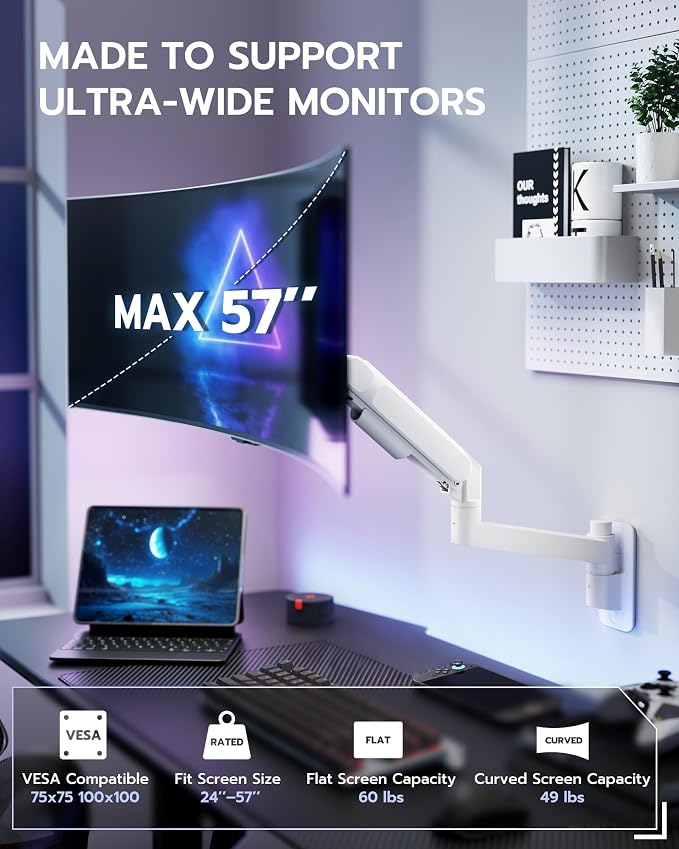ARES WING Monitor Wall Mount for 24-57 Inch Ultrawide Screen, White | Premium Heavy Duty Gaming Monitor Arm for 60 lbs, Full Motion Gas Spring, Bearing Head for Easy Adjustment, 75/100 VESA Mount - Image 2