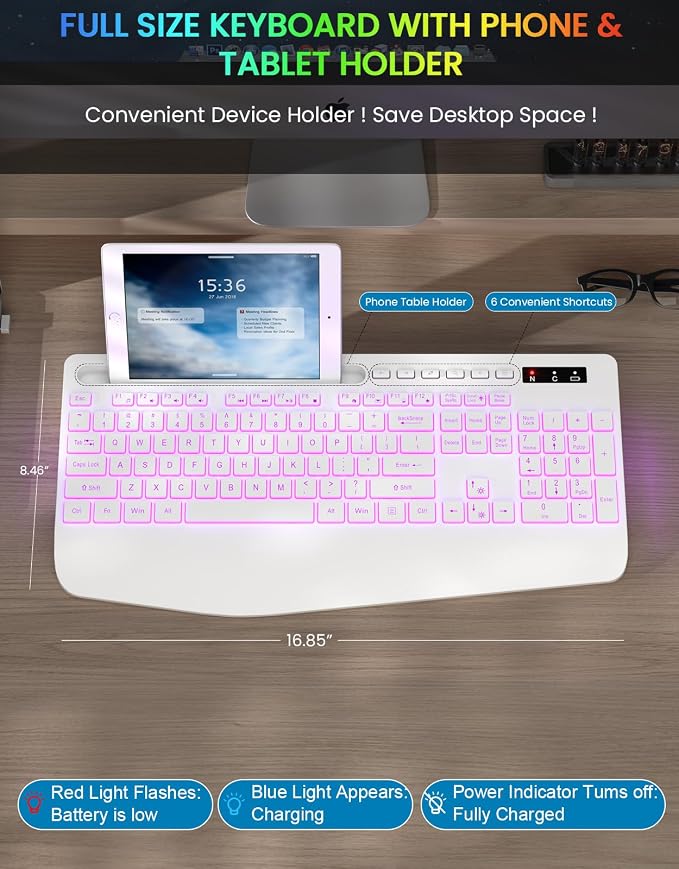 Wireless Keyboard, 7 Colored Backlits, Wrist Rest, Phone Holder-White | Rechargeable Ergonomic Computer Keyboard with Silent Keys, Full Size Lighted Keyboard for Windows, Mac, PC, Laptop - Image 7
