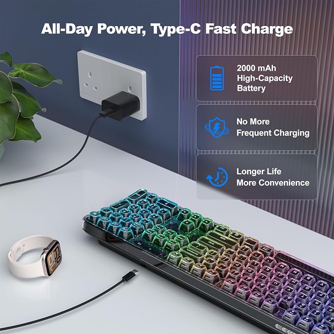 Clear Wireless Keyboard, Tri-Mode Bluetooth/2.4G Rechargeable Keyboard with RGB Backlit, Ergonomic Computer Keyboard with Transparent Keycaps for PC Laptop Desktop Home Office-Black Pearl - Image 5