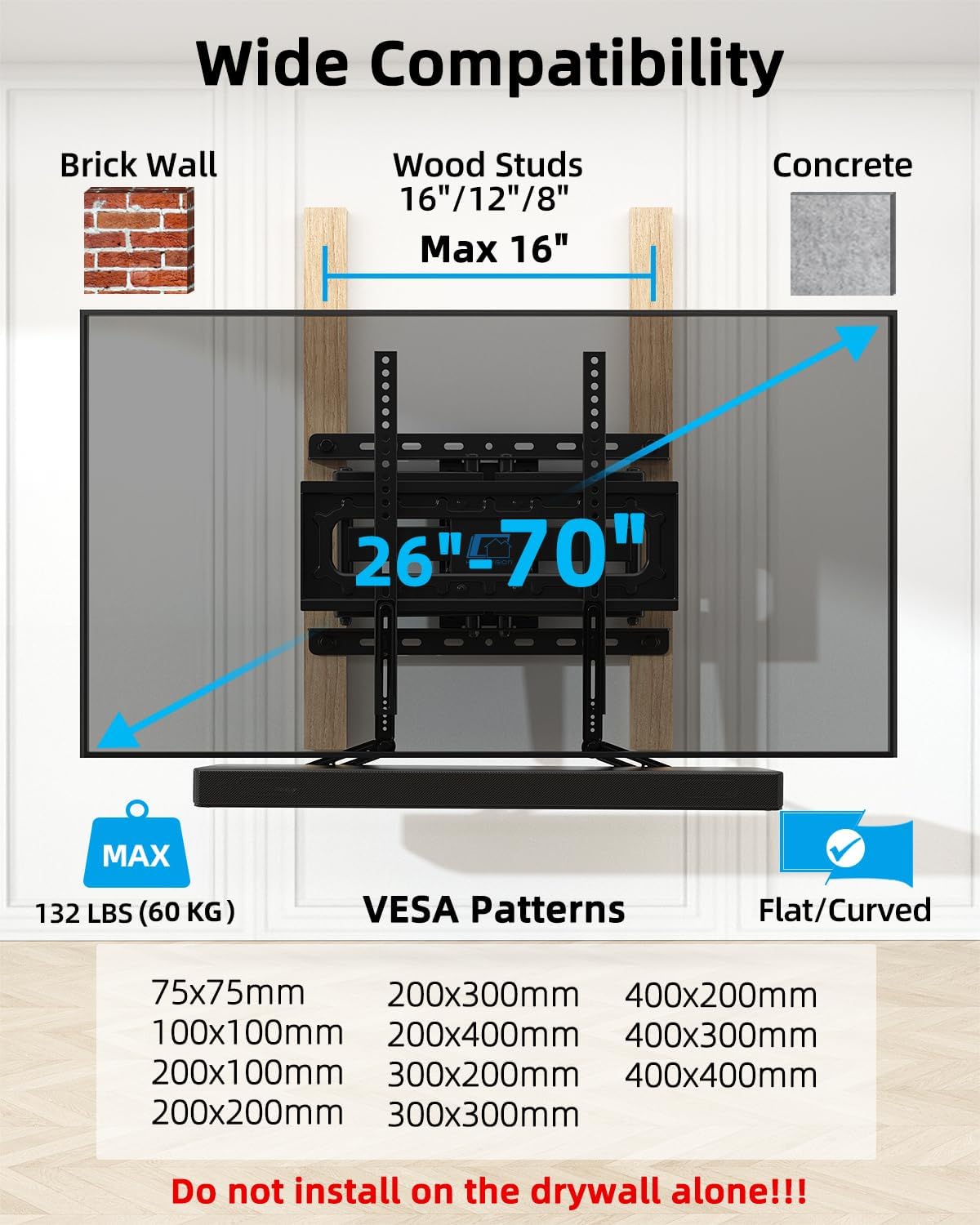 HOME VISION Full Motion TV Mount Soundbar Bundle for 26-70" TVs, 132 lbs - Image 3