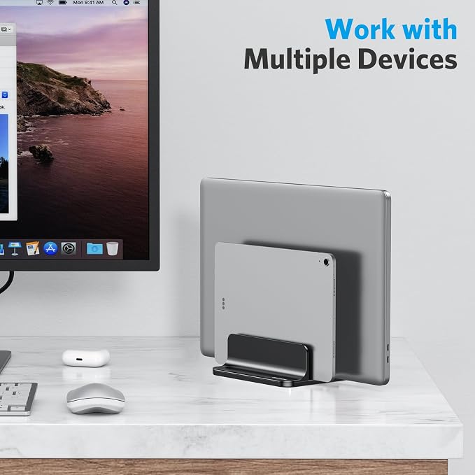 OMOTON Dual Vertical Desk Laptop Stand Holder, Fits MacBook Air/Pro, Black | Aluminum Laptop Storage Rack for Desk, Adjustable Dock for Up to 17.3 in. Gaming Laptop, Space-Saving Desk Organizer - Image 8