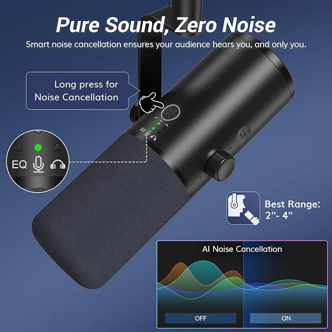 TONOR Dynamic Podcast Microphone for Studio, Cardioid XLR/USB Mic, AI Noise Cancellation, Tap Mute, 3.5mm Headphone Jack for Monitoring, Volume Control, Microfono with Desktop Stand, Black, TD510 AIR - Image 6