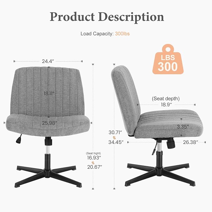OLIXIS Criss Cross Chairs, Vanity Chair, Home Office Desk | Armless Wide Seat, Height Adjustable, Comfy Fabric, Bedroom, Study, Computer Task, Grey No Wheel - Image 2