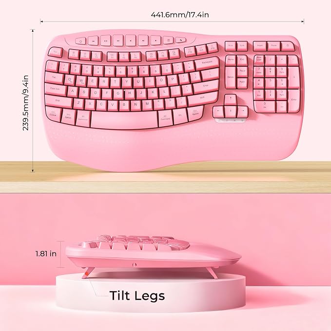 MEETION Wireless Ergonomic Keyboard with Wave Keys and Wrist Rest - Pink | Firm wrist rest, 2.4G USB-A receiver, USB-C adapter included, full-size layout, compatible with Windows, Mac, PC, laptop - Image 7