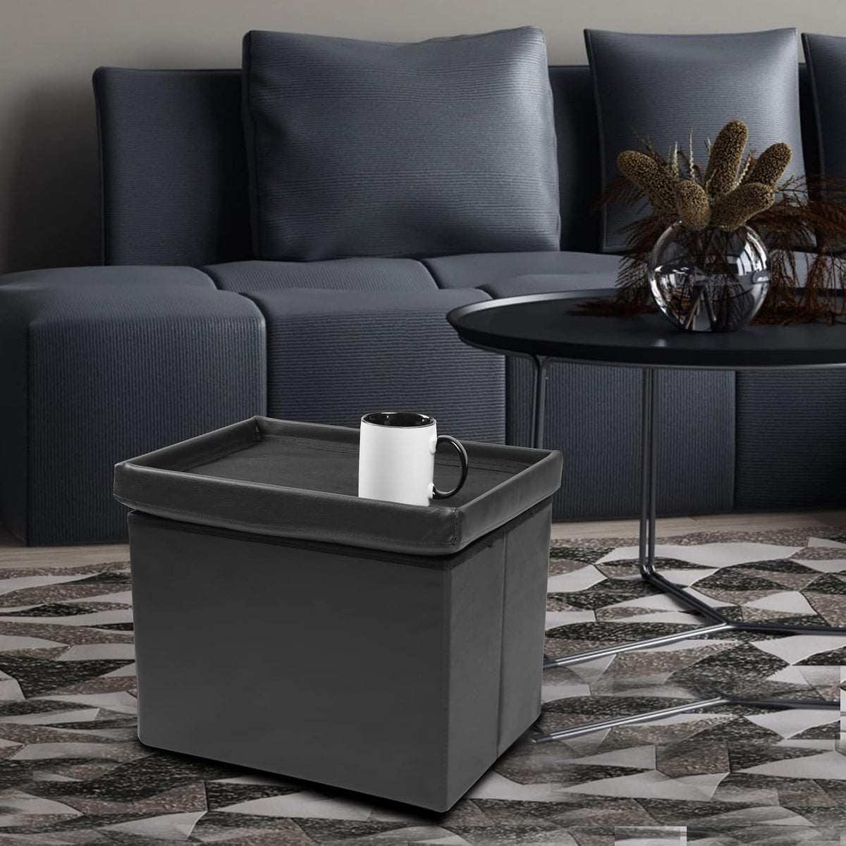 ALASDO Storage Ottoman Footrest Stool Small Ottoman with Storage Foldable Ottoman Leather Foot Rest Footstool Bench for Living Room 17x13x13inches Black - Image 6