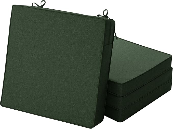 Outdoor Chair Cushions, Set of 4, 24 x 24 Inch, Olive Green | Water Resistant, Fade Resistant, Patio Furniture Square Seat Replacement, Removable Cover with Ties, Non-Slip Bottom by Unknown