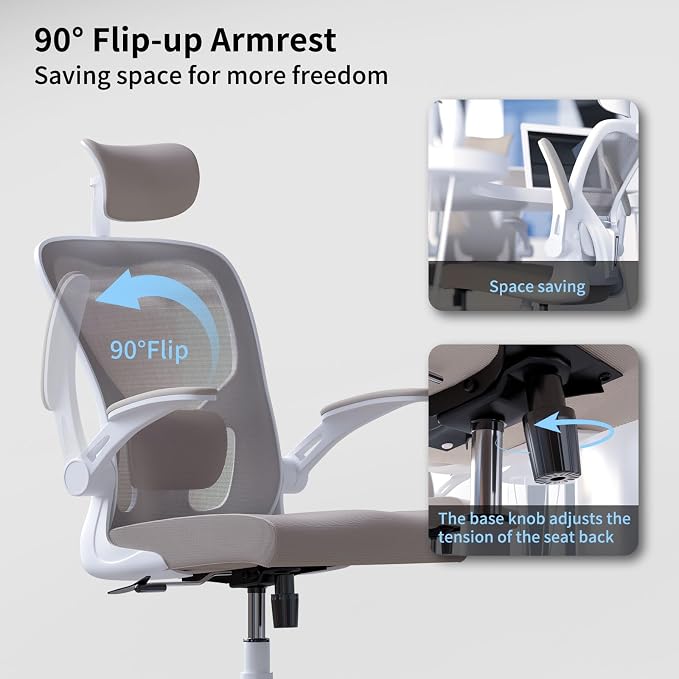 Monhey Office Chair Ergonomic Desk Chair with Lumbar Support&Headrest&Flip-up Arms Height Adjustable Rocking Swivel Computer Chair Multi-Angle from 90° to 125° with 350LBS Capacity (02White+Khaki) - Image 7