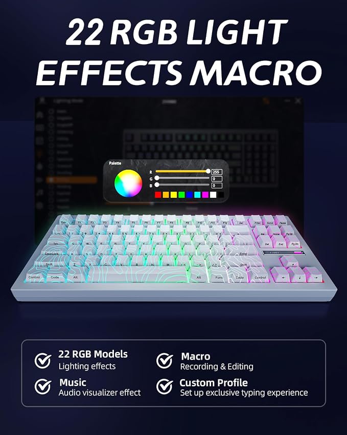 ZORNHER ZH870 Wireless Gaming Mechanical Keyboard,80% White Custom Creamy Sound Keyboard with Lighted Up White Topographic Keycaps,Creamy Sounding Linear Switches,Hot-Swappable,RGB Backlit - Image 7