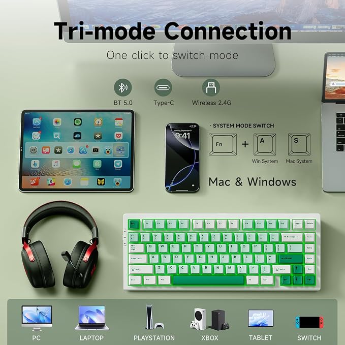 MCHOSE G75 PRO 75% Wireless Mechanical Keyboard, TKL Keyboards Tri-Mode BT5.0/2.4GHz/USB-C, Hot Swap Custom Creamy Keyboards Linear Switch, Double Shot PBT Keycaps RGB LED Backlit, White&Green - Image 4
