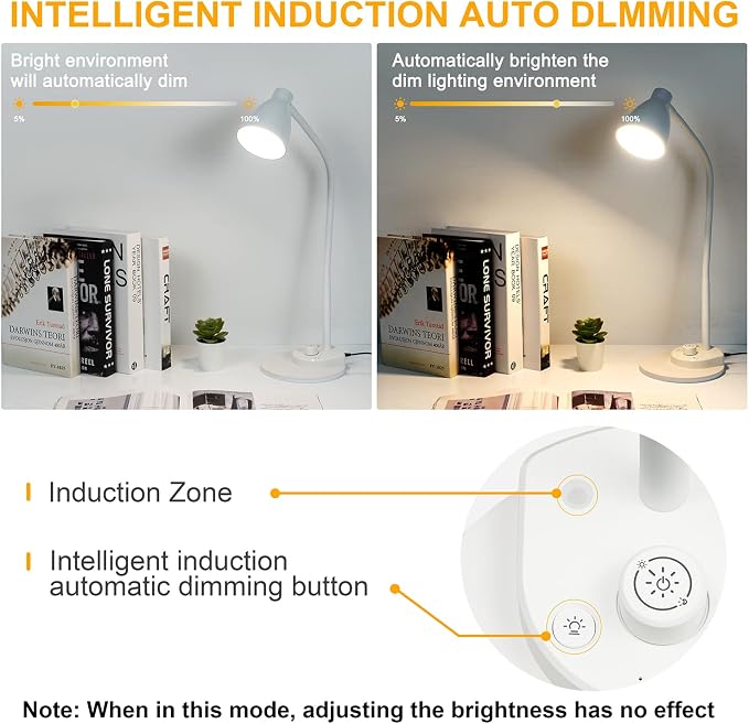 BOHON LED Desk Lamp with USB Charging Port, 3 Color Modes Dimmable, White | Reading Lamp, Auto Dimming Task Lamp, Flexible Neck Table Light for Dorm Bedside, Adapter Include - Image 6