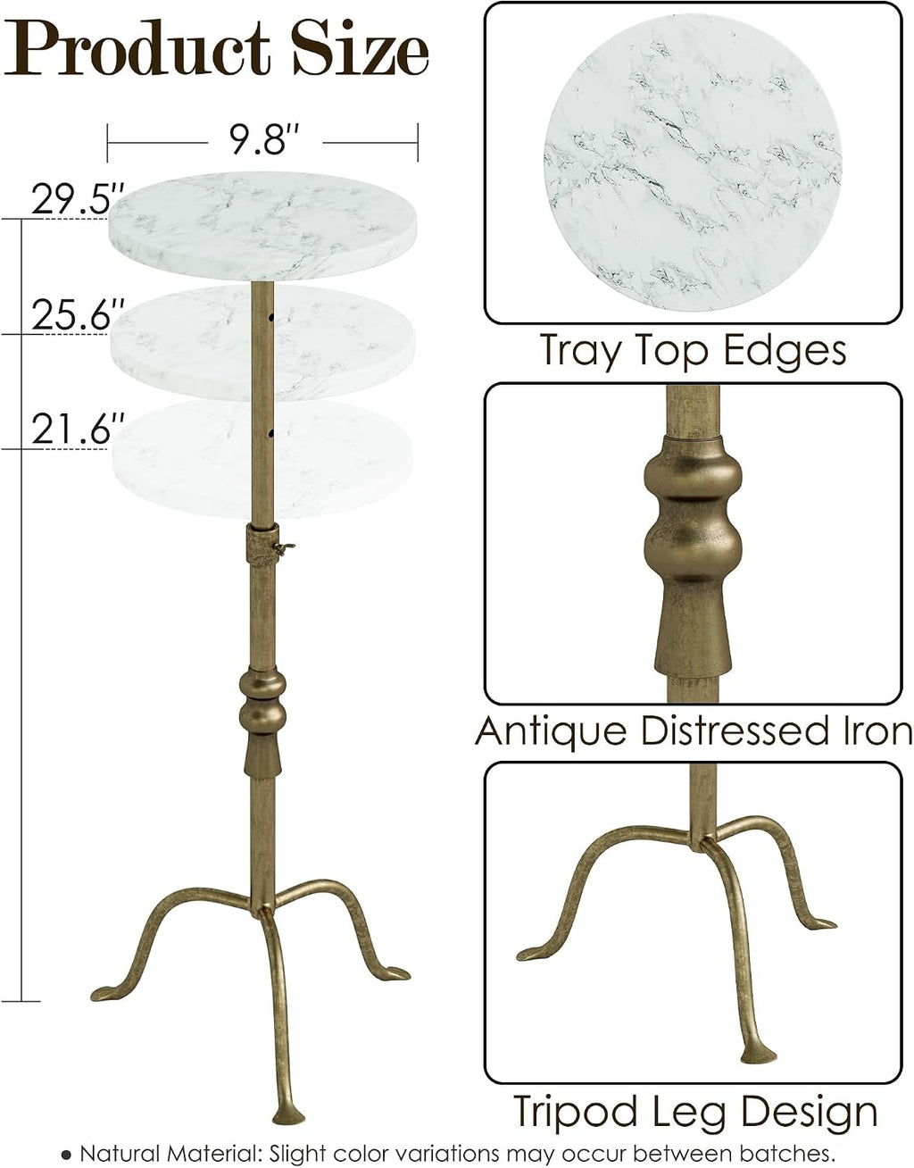 Adjustable Height Round Pedestal Table - 10x10x22-30 Inch, White Travertine - Image 3