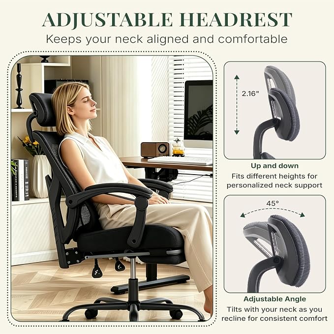 Ergonomic Office Chair with Footrest, Computer Gaming Chair | Adjustable Headrest, Lumbar Support, Swivel Reclining, Padded Armrest, Mesh High Back, Home Desk Work Study, Black - Image 6