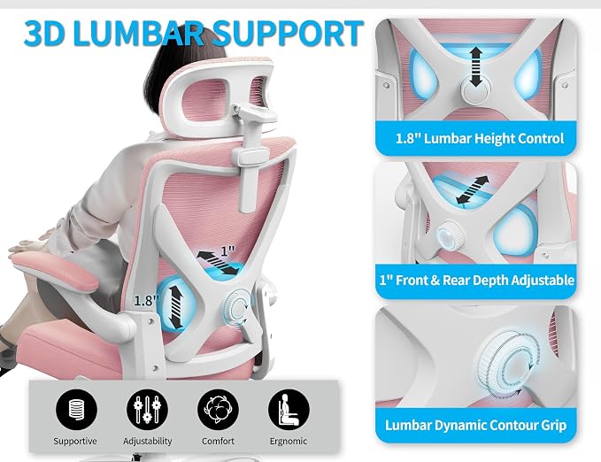 Ergonomic Office Chair: Mesh Desk Chair Comfy with Headrest& Lumbar Support | Ergalithic Big and Tall Office Chairs with Wheels & Flip-Up Arms-Computer Gaming Chairs for Adults Home Office Chairs(Pink) - Image 7