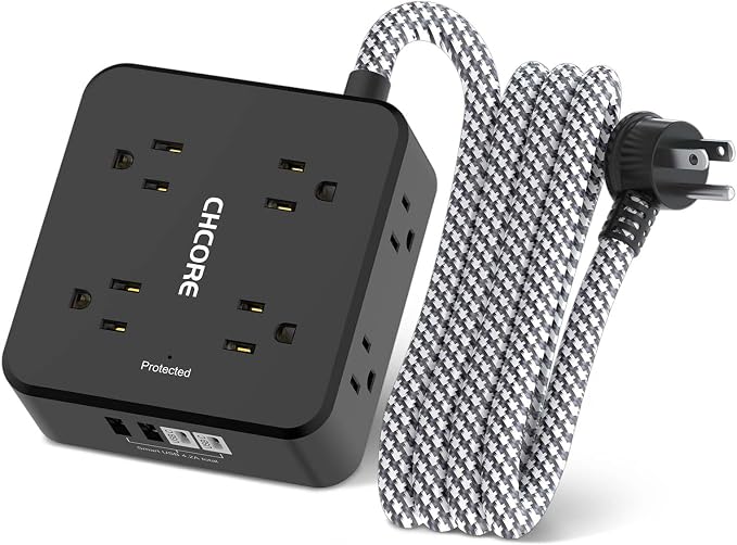 Surge Protector Power Strip - CHCORE 6Ft Braided Extension Cord with 8 Outlets with 4 USB (2 USB C) Charging Ports, Flat Plug Multi Plug Outlet Extender Charging Station for Home Office, ETL, Black by Unknown