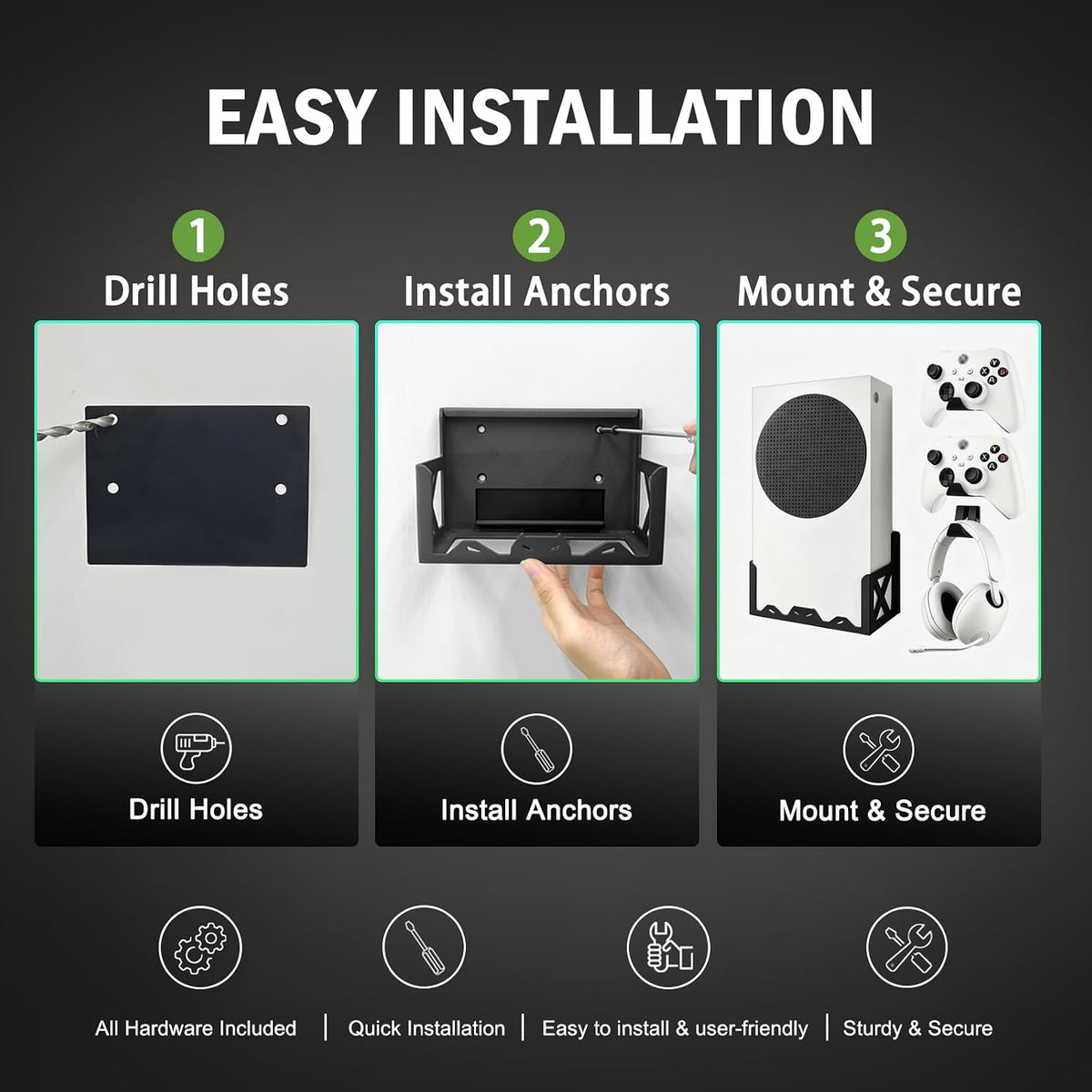 Wall Mount Kit for Xbox Series S,Steel Mount Includes Detachable Controller Holder and Headphone Stand （NOT for Xbox ONE S） - Image 4