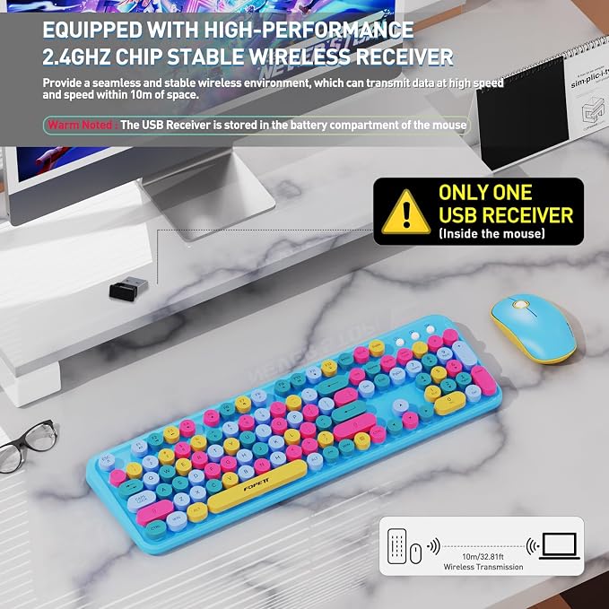 2.4GHz Wireless Keyboard and Mouse Set with Switch Button - Full-Size Keyboard - Compatible for Windows/Laptop/PC/Notebook/Smart TV and More - Blue Colorful - Image 2
