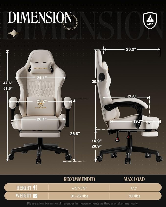 GTPLAYER Gaming Chair for Adults, Ergonomic Computer Game Chairs with Speakers, Footrest & Linkage Armrest, Reclining High Back Silla Gamer for Home Office, Ace Pro, Off-White - Image 2