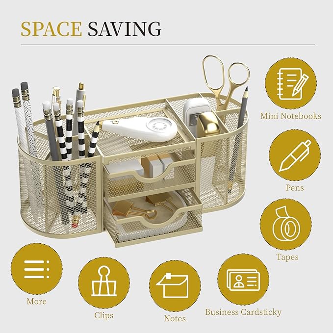 Mesh Desk Organizer, Pen Holder for Desk with 2 Drawers, Yellow | Desk Organizers and Accessories with 8 Compartments and 2 Drawers, Pencil Holder for Desk for Small Office Supplies - Image 4