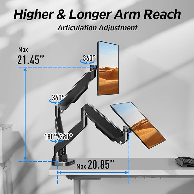 MOUNTUP Dual Monitor Mount Fits Max 39'' Screen, Ultrawide Dual Monitor Desk Mount Hold 4.4-33 lbs, Adjustable Gas Spring Double Monitor Arms, Computer Monitors Stand with USB, VESA Monitors Bracket - Image 6