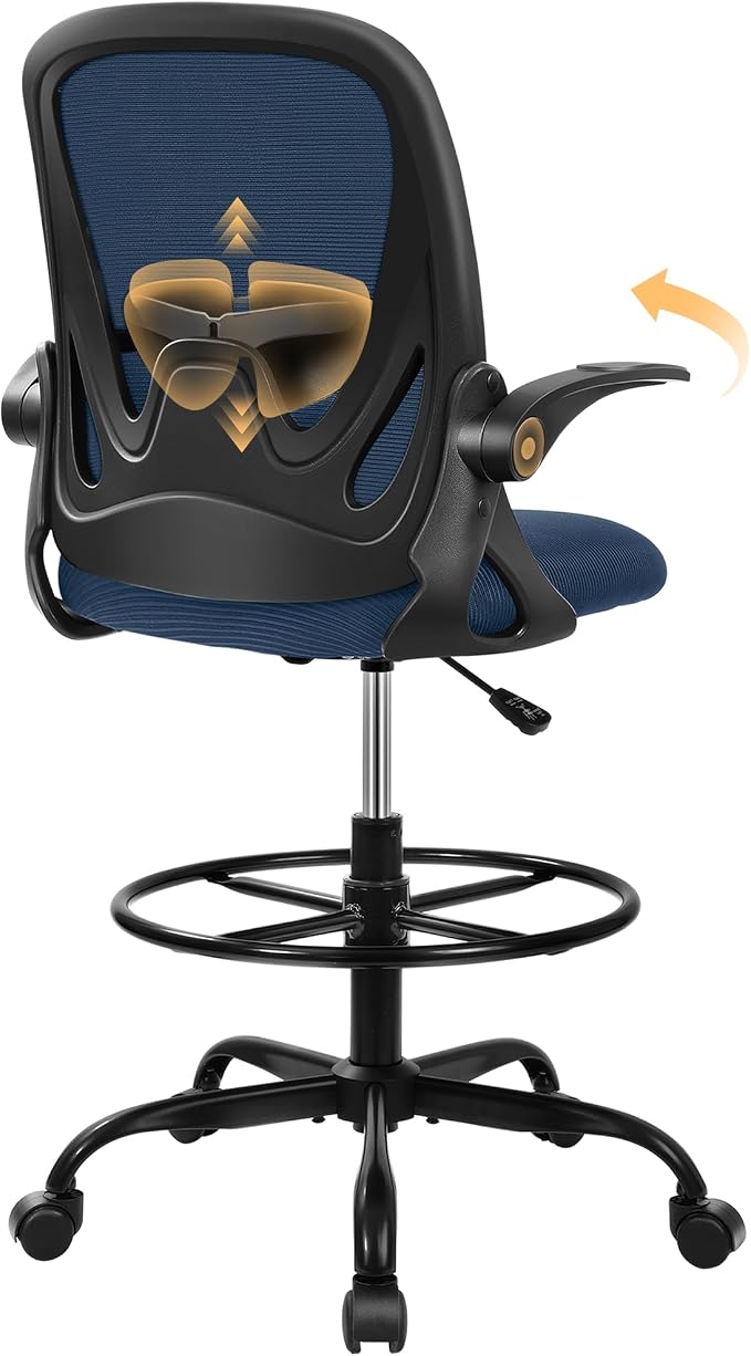 Drafting Chair Tall Office Chair with Flip-up Armrests Executive Ergonomic Computer Standing Desk Chair with Lumbar Support and Adjustable Footrest Ring (Navy) by Primy