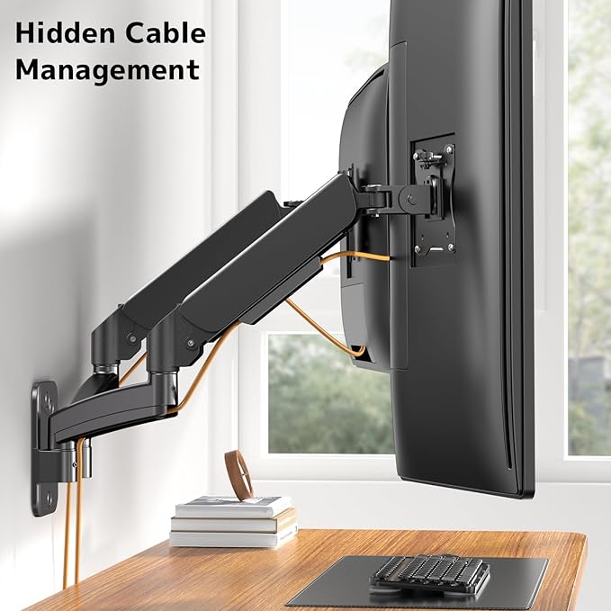 Dual Monitor Wall Mount for 17-32 inch Flat/Curved Computer Screens | Aviation-Grade Aluminum Gas Spring, Full Motion, Holds Up to 19.8lbs per Arm, VESA 75/100 mm, Black - Image 3