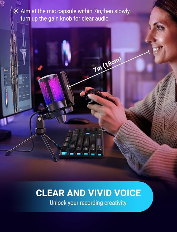 FIFINE AmpliGame A6V USB Gaming Microphone, Condenser RGB Mic for Streaming | Quick Mute, RGB, Gain Control, Tripod Stand, Pop Filter, Shock Mount, for PC/PS5 Discord Twitch Podcasts Videos YouTube - Image 8