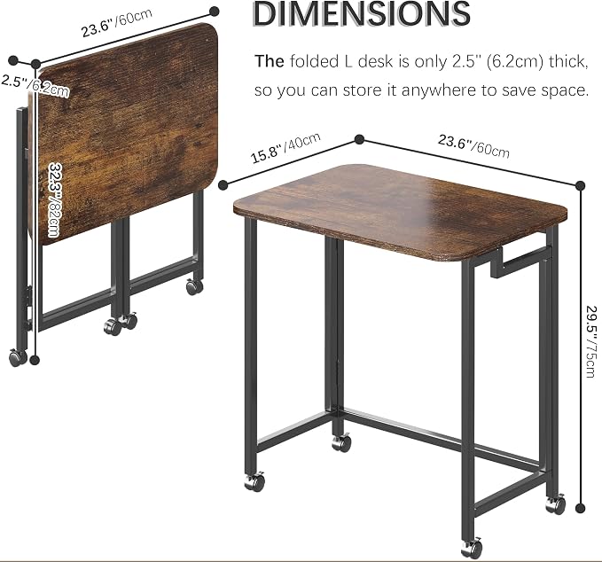 4NM 23.6" Mobile Small Rolling Computer Desk, Folding Laptop Cart Table with Wheels, Portable Office Desk for Small Space Couch Bed - Rustic Brown and Black - Image 3