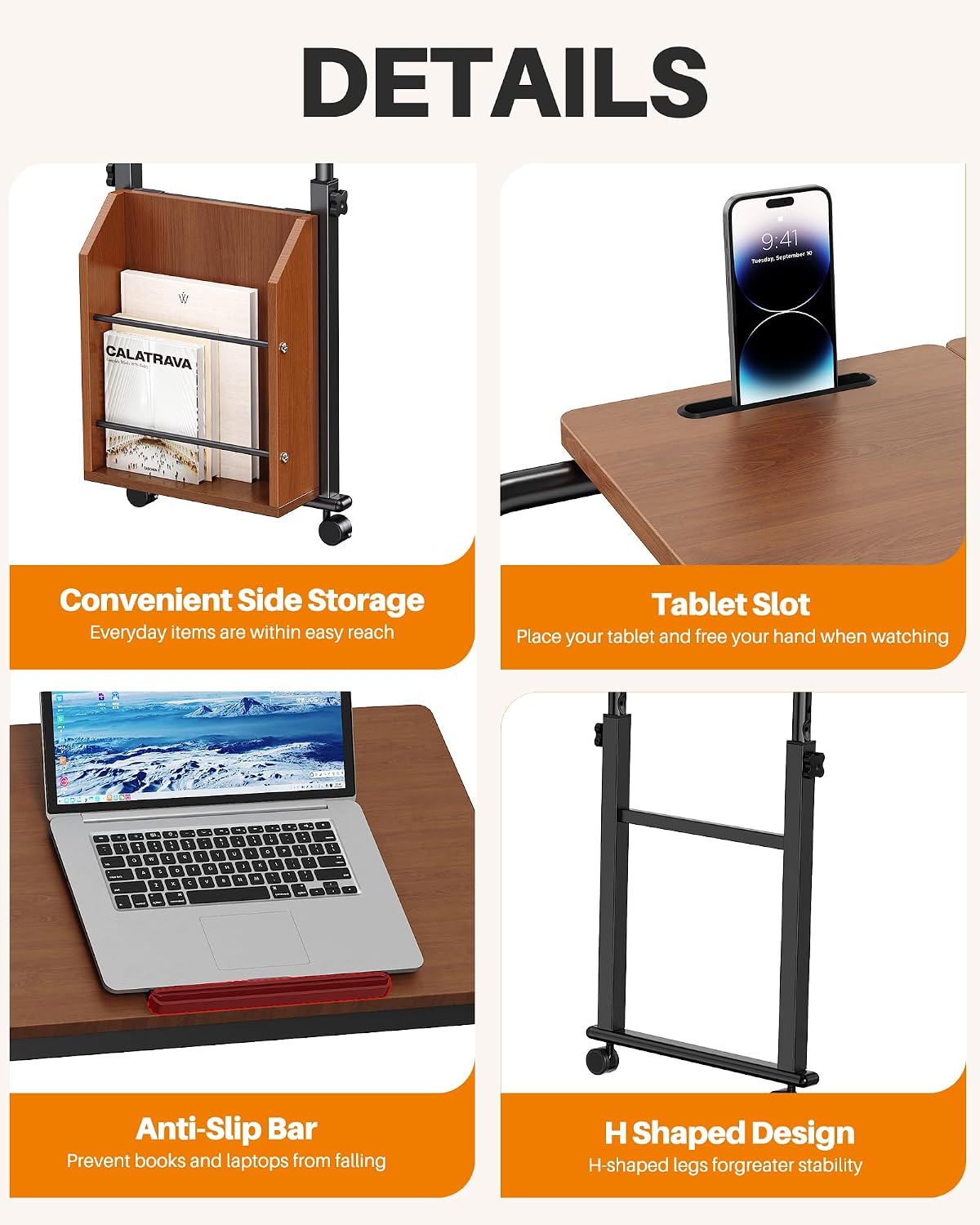 Laptop Desk for Bed,6-Angle Adjustable Overbed Table with Wheels,Adjustable Height and Length Bed Table for Laptop with Side Bookshelf,Standing Desk,Over Bed Desk for Working Hospital Home (Oaken) - Image 5