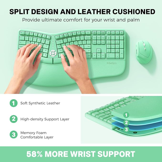 MEETION Ergonomic Keyboard Mouse Combo, Split Design Vertical Mouse Green | Rechargeable full-size keyboard with cushioned wrist rest, 2.4GHz USB receiver, natural typing, for Windows, Mac, PC, laptop - Image 2