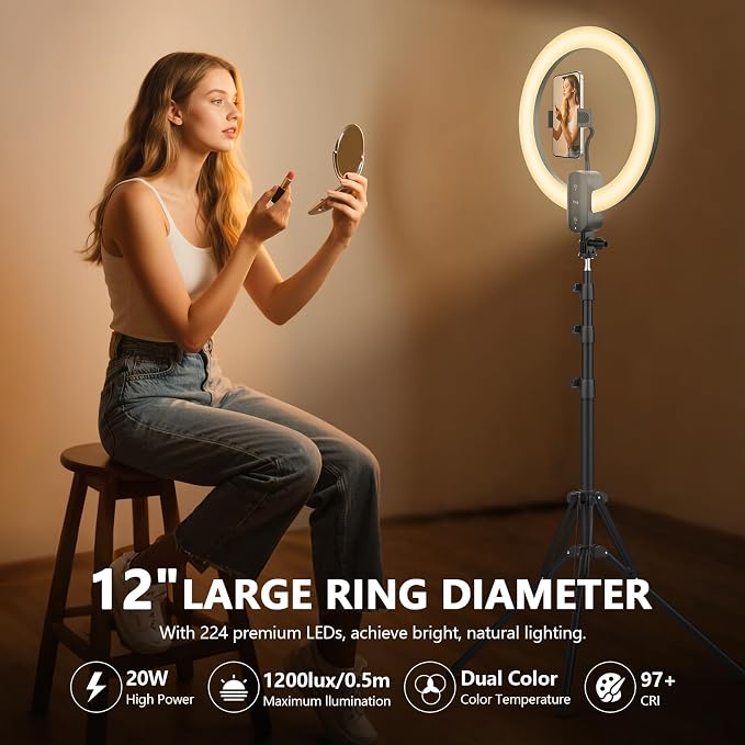 20W 12" Selfie Ring Light with 63" Tripod Stand/Phone Holder - Image 2