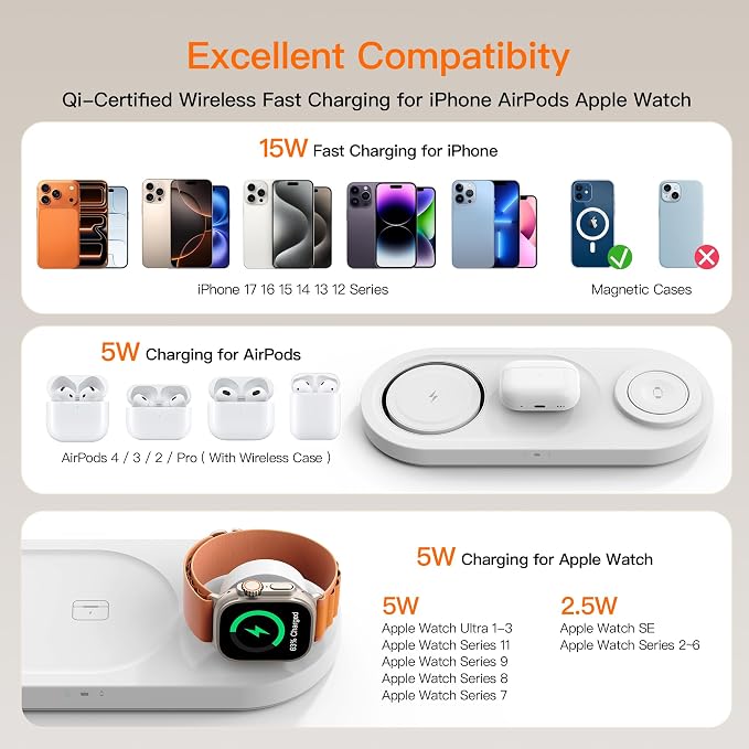 【Travel• Metal Bracket】 Magnetic 3 in 1 Wireless Charging Station,for iPhone17-12,Fast 5W Charger for Apple Watch AirPods,Foldable Stand MagSafe Charger Dock for Nightstand Desk Travel - Image 9