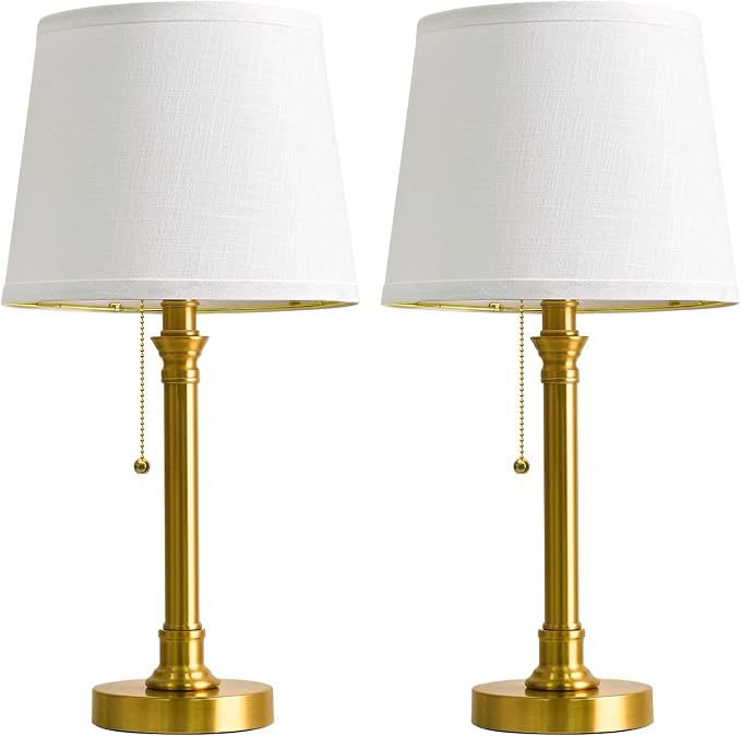 19.5” Brass Gold Small Table Lamps Set of 2 for Living Room Bedroom | Pull Chain Switch Bedside Table Lamps, White Linen Shade, Small Desk Lamp for Living Room, Bedroom, Home Office, Nursery - Image 8