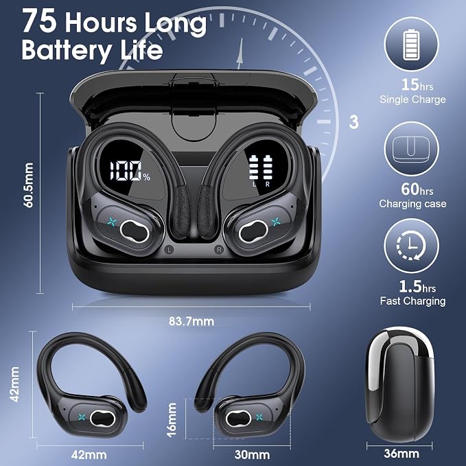 Wireless Earbuds 75H Bluetooth 5.4 Sport Headphones with Earhooks, Black | IPX7 Waterproof In-ear Buds Feature ENC Noise Cancelling Mic & Deep Bass. Stereo Sound Device for Gym Running Workout - Image 4