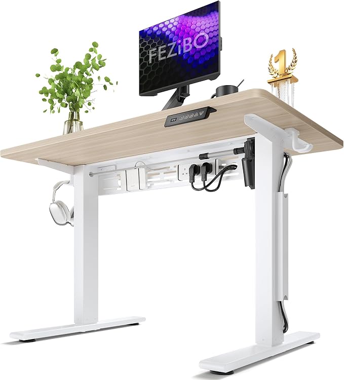 FEZIBO Electric Standing Desk with L-Shaped Crossbar & Cable Management System, 40 x 24 Inches Sit Stand up Desk, Adjustable Height Standing Desk for Home Office, Light Walnut by FEZIBO