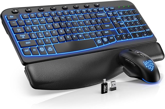 Wireless Keyboard and Mouse Combo, Ergonomic Wave with Wrist Rest | Rechargeable, Backlit Keys, Full Size, 2.4GHz USB Wireless, Leather Finish, MA12Pro Quiet Set for Windows, Mac, PC, Laptop by SABLUTE