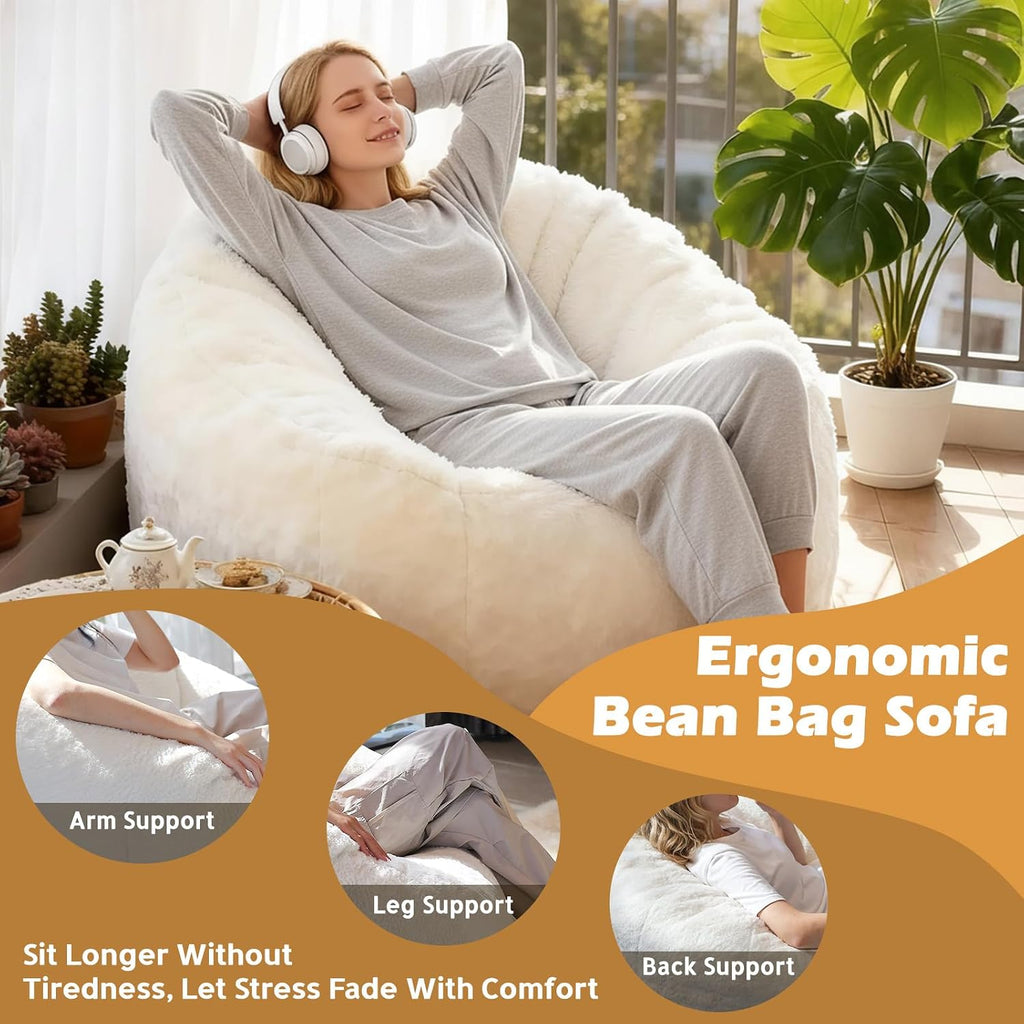 Giant Bean Bag Chair for Adults, Teens and Kids, Cozy Fluffy Corduroy Beanbag Chair with Filler, Large Floor Lounge Sofa for Living Room, Bedroom, Dorm, Gaming and Reading(L-Ivory) - Image 3