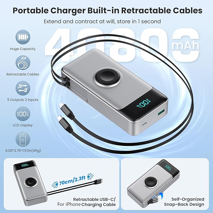 5-in-1 Portable Charger for iPhone,40800mAh Power Bank Built-in Retractable Cable and iWatch Charger,25W PD QC4.0 Fast Charging Battery Pack,Travel Essential Phone Charger for iPhone 17/16/15,Android - Image 3