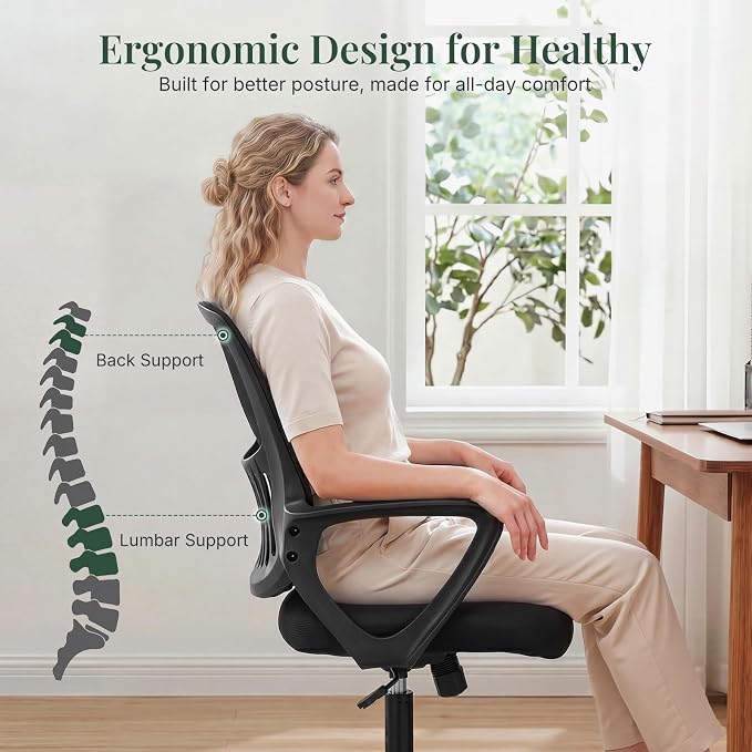 Home Office Desk Chair, Lumbar Support, Mesh Back Computer Chair | Height Adjustable, Mesh Mid-Back, Ergonomic Task Gaming Chair with 360° Swivel Wheels, Lumbar Support, Black - Image 6