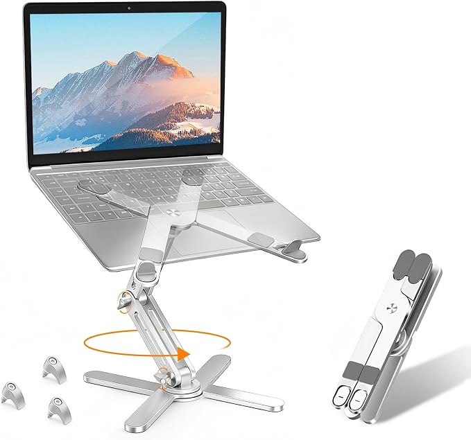 N86 360 Rotating Laptop Stand for Desk with Locking Knobs, Silver | Aluminum Ergonomic Riser Adjustable Height & Angle for Collaborative Work. Foldable Portable Fits MacBook & Laptops up to 16" by Moallia
