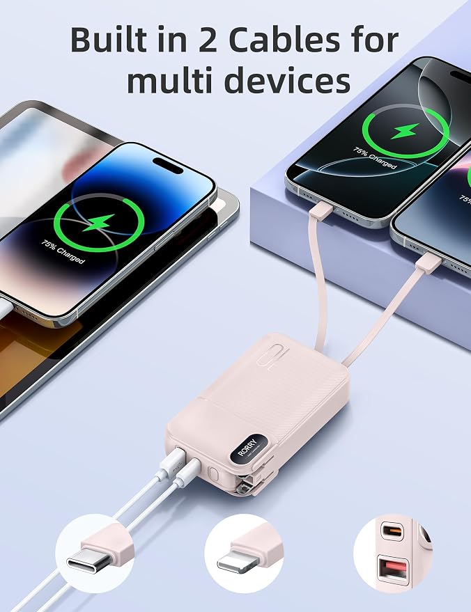 RORRY Portable Charger w/Wall Plug 10000mAh Power Bank 22.5W Battery Pack | Built in Cables, Fast Charging, for iPhone, iPad, Samsung Galaxy, Pixel, LG, Travel Essential, Digital Display, Pocket Size - Image 3