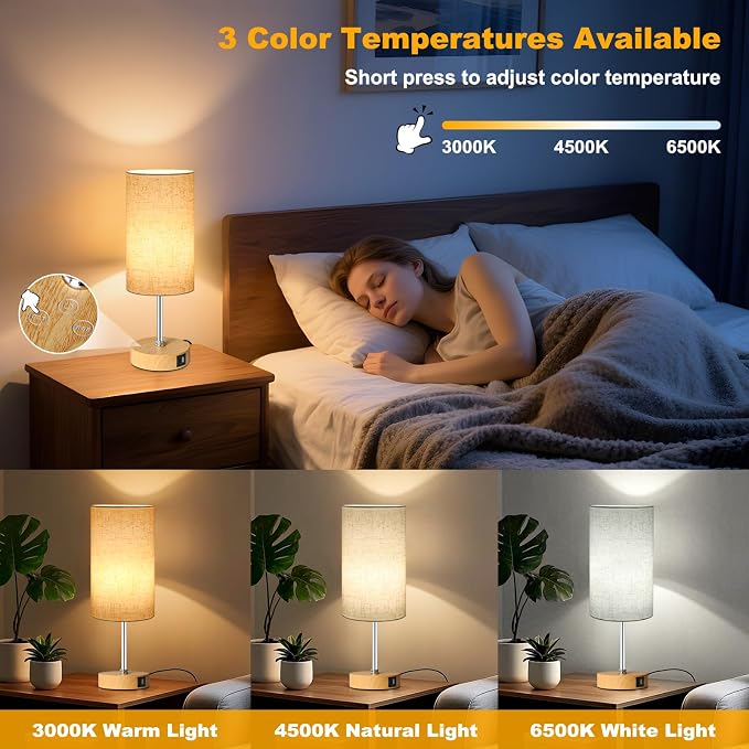 Small Table Lamp, 3CCT & 7 RGB Color Changing, Dimmable Nightstand Lamp with Wood Grain Base, Touch Bedsides Lamp for Bedroom, Office, Kids Room, Nursery, Party, Beige Shade - Image 5