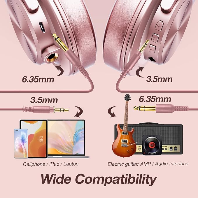 OneOdio A70 Bluetooth Over-Ear Headphones, Hi-Res Wired DJ Studio - RG | Wireless over-ear headphones with 72H playtime, 3.5mm/6.35mm wired jacks for studio monitoring, mixing, guitar, amp and PC - Image 4