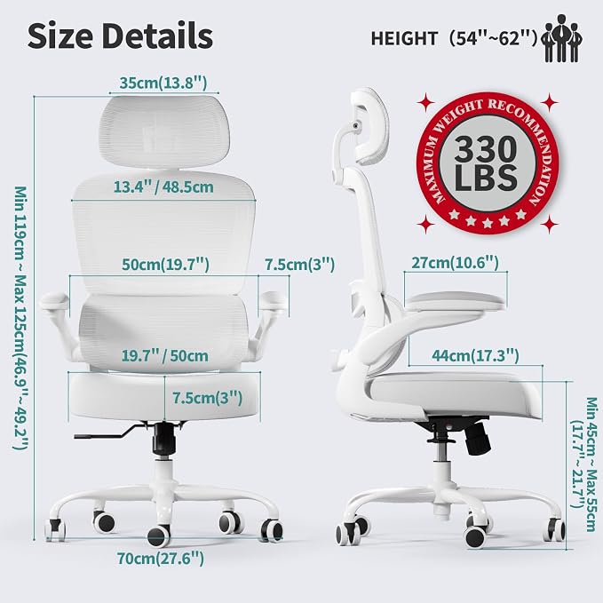 TRALT Office Chair Ergonomic Desk Chair - Gaming Chair with Lumbar Support | 330 LBS Home Office Desk Chairs with Headrest, Reading Chair with Flip-up Armrests, Comfortable Computer Chairs (1, White) - Image 2